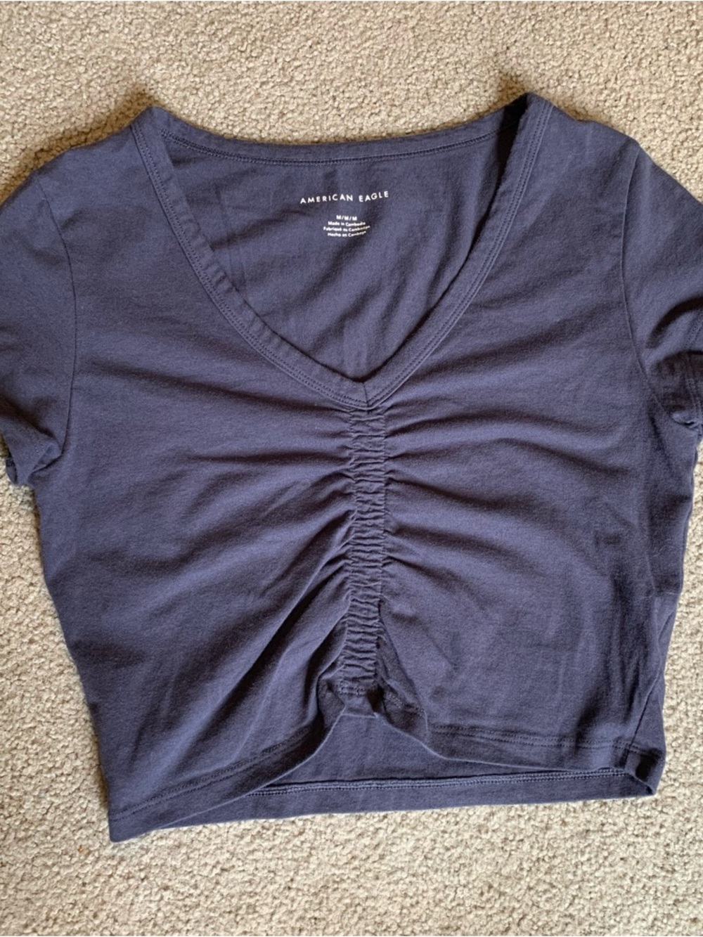 American Eagle Outfitters Black Ruched V-Neck Crop Tee Size M Shirt Top